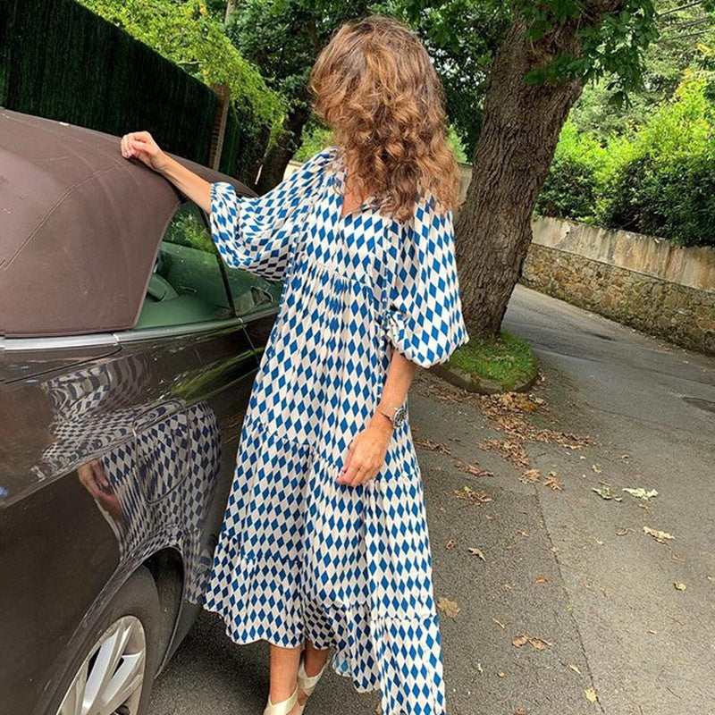 Robe d'été bohème imprimée vintage pour femmes, élégante, décontractée, ample, col en V, manches courtes, longues