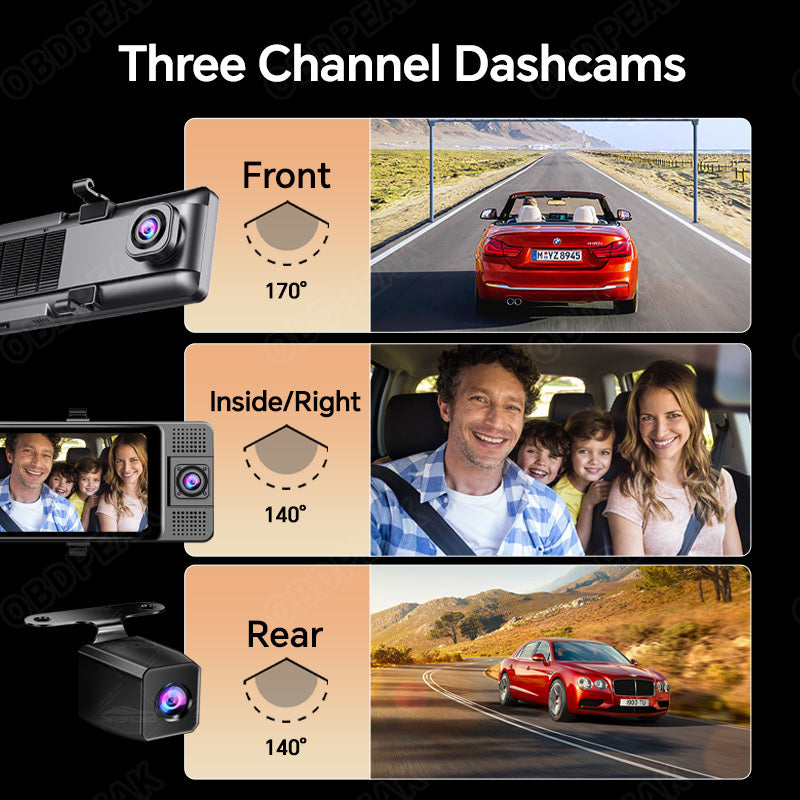 3 Cameras 360 Degree 3 Lens Car Dvr DashCam Car Dash Camera Mirror Carplay Android Wireless 3 Channel Dash Cam 2.5k With Wifi