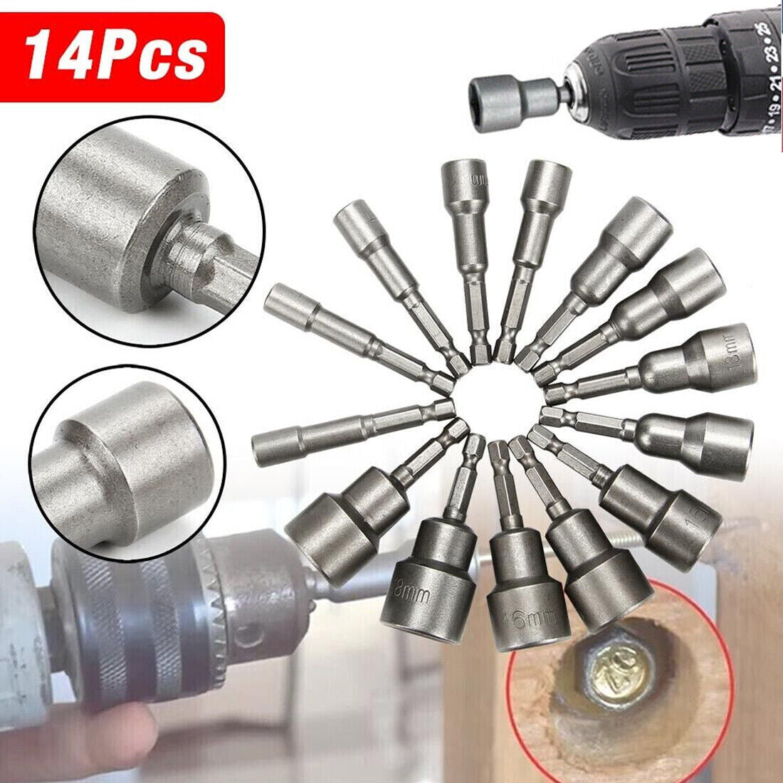 14 1-4 Nut Driver Bit Set Hex Magnetic Metric Socket Impact Drill 6 To 19MM UK