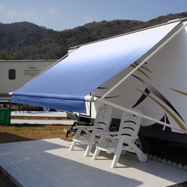 16 Foot Navy Blue And White Gradient Canopy, PVC RV Sunshade Canopy Fabric