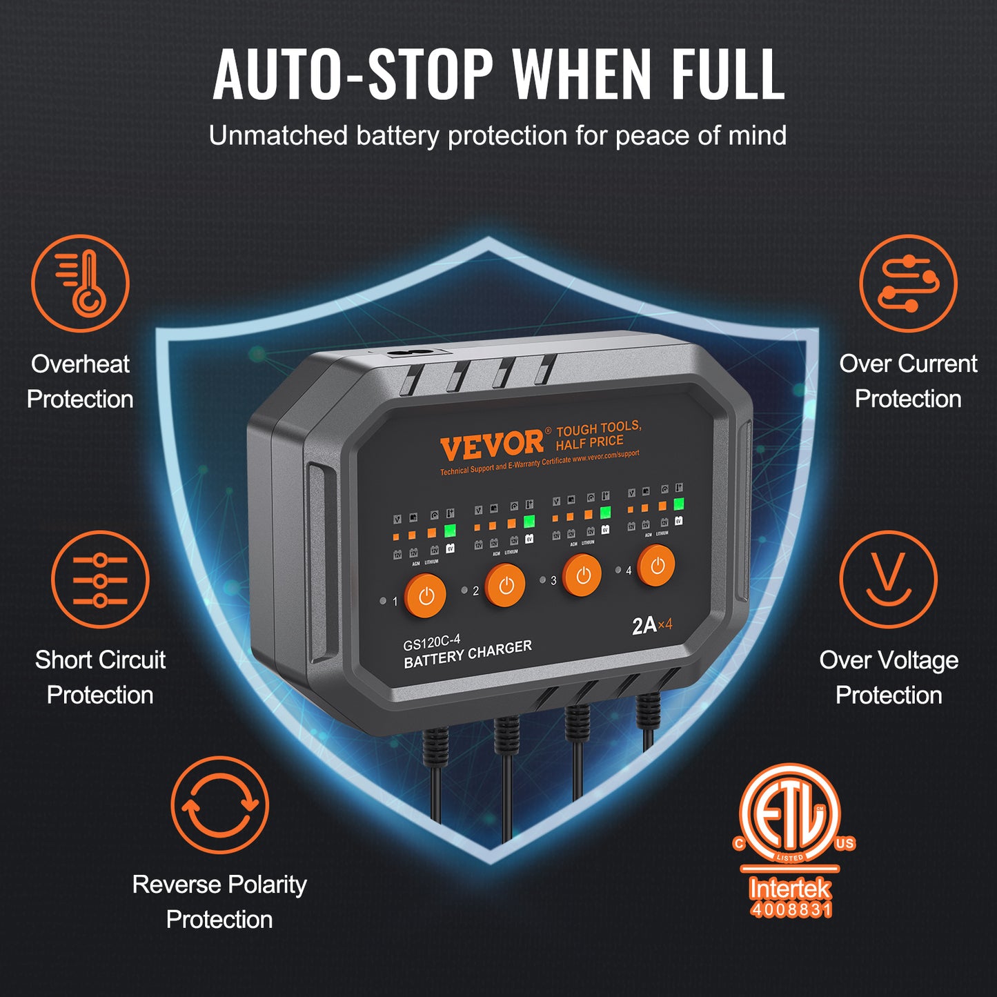 VEVOR Smart Battery Charger, 8-Amp, LiFePO4 Lead-Acid Car Battery Charger, Fully-Automatic Charger Maintainer Desulfator For Boat Motorcycle Lawn Mower Golf Cart Marine Deep Cycle