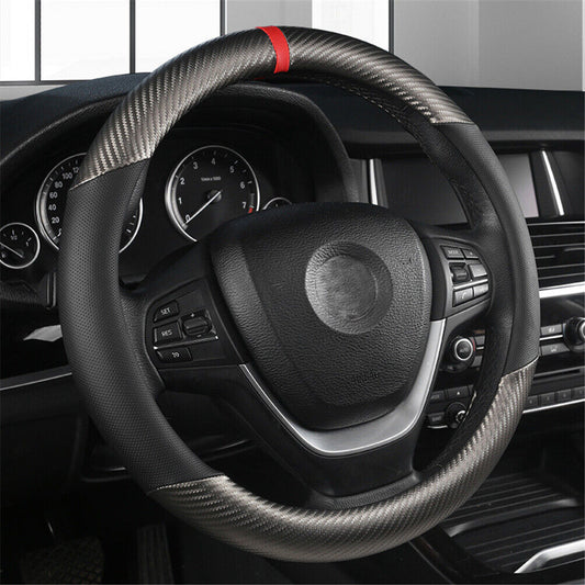 Carbon Fiber Perforated Leather Car Steering Wheel Cover 38cm Universal Interior
