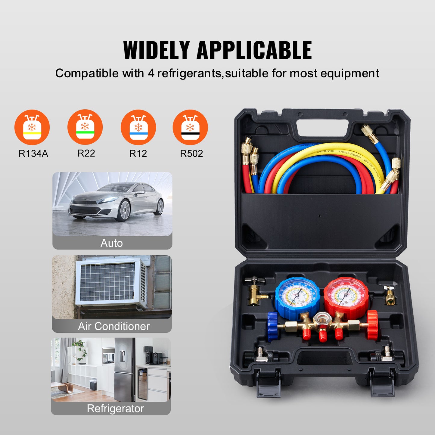 VEVOR AC Gauge Set - 3 Way AC Manifold Gauge Set For R134A R22 R12 R502 Refrigerant, Freon Gauges With 5ft Hoses, Couplers, Can Tap Works On Car Auto Freon Charging And Evacuation