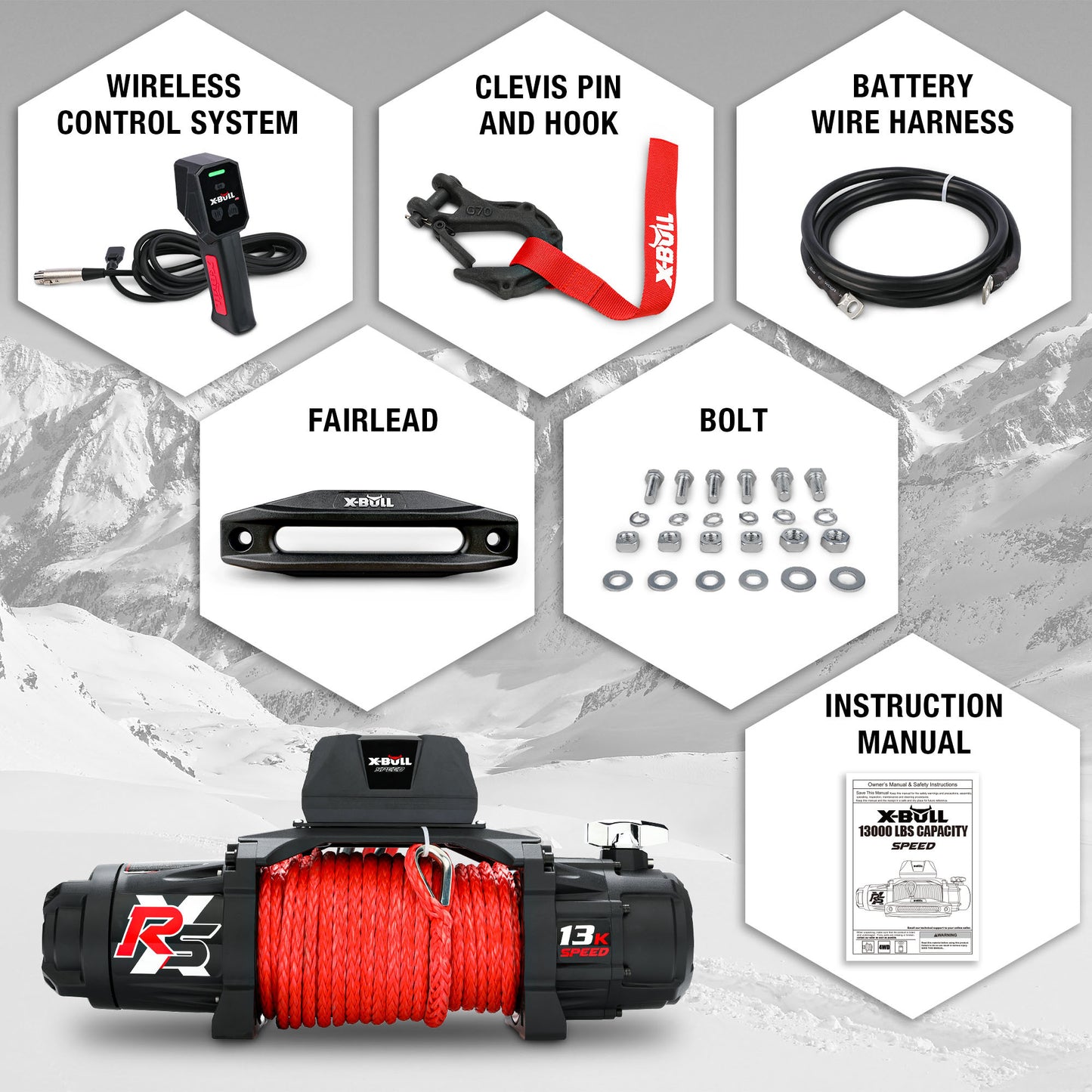 X-BULL 13500 Lb Winch Load Capacity Electric Winch - 12V DC Power Supply For Off-Road Trailers, 2-in-1 Wireless Remote Control, 13500 XRS Series