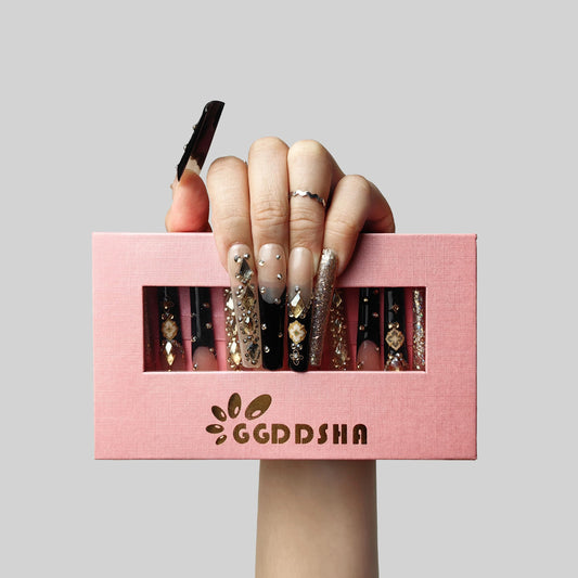 GGDDSHA Nails Handmade Press On Nails Long PinkDesign By Nail Technician, Handmade Painted Nail ArtReusable Stick On Nails In S,M,L 3Sizes,Eclipse Elegance