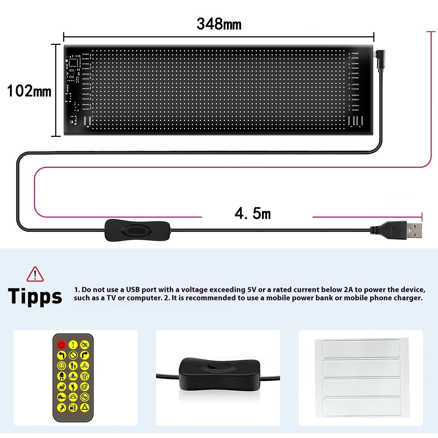 Programmable LED Signage, Flexible USB 5V Digital Signage Upgrade Version 20x64 LED Beads, APP Controlled Scrolling LED Display Screen With Pre Made Animation, Used For DIY Graffiti In Stores, Cars, B