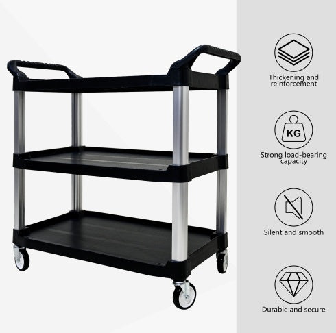 Plastic Commercial Cart Large Size, Restaurant Cart With Wheels Lockable, Heavy Duty Utility Service Cart For Foodservice, Commercial,Office, Warehouse, Black, 40.1x20.0x38.1 Inches.