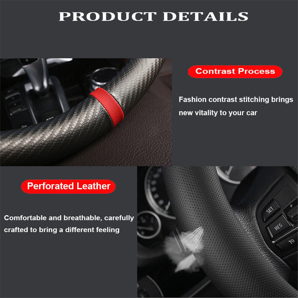 Carbon Fiber Perforated Leather Car Steering Wheel Cover 38cm Universal Interior
