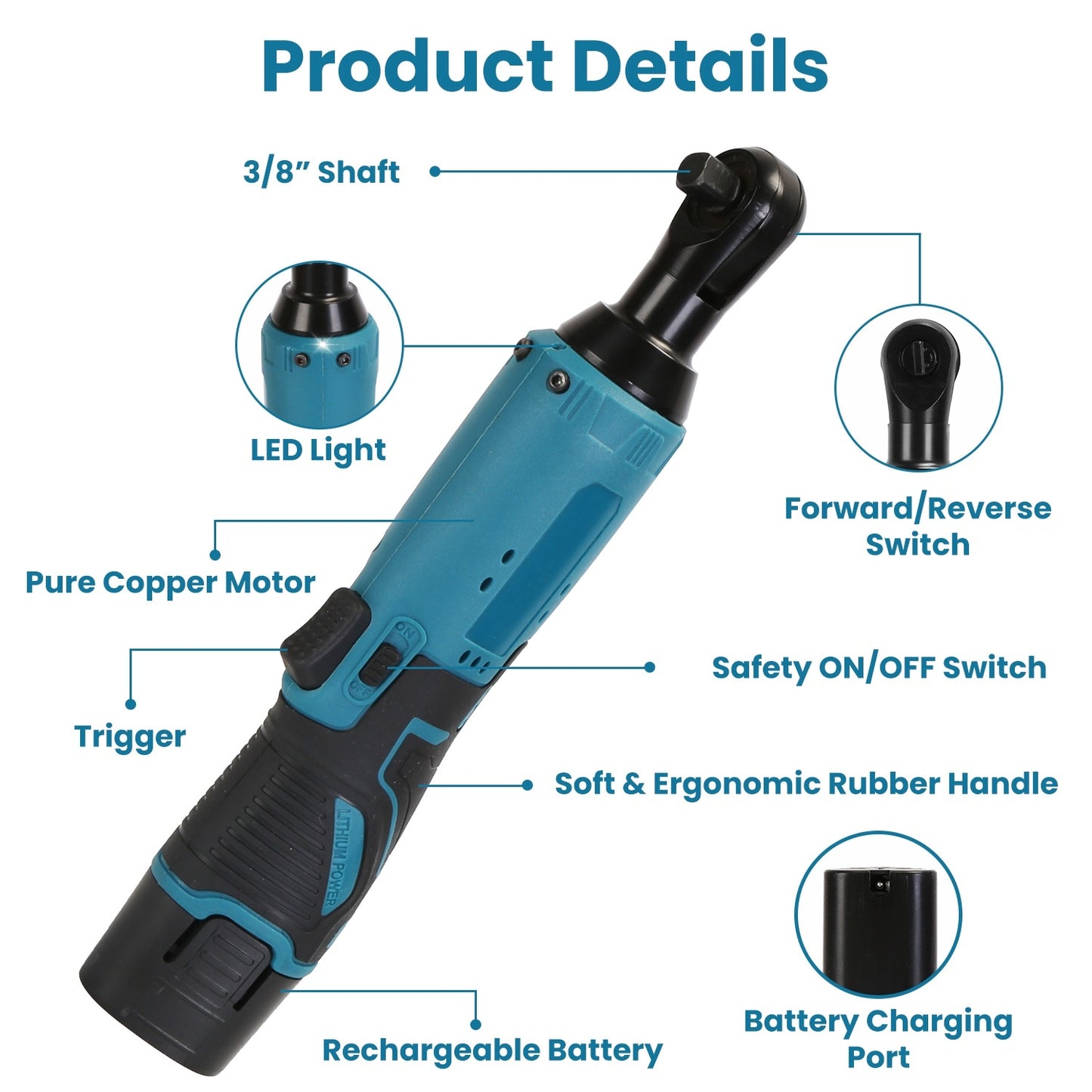 Cordless Electric Ratchet Wrench Set Right Angle Wrench With 2Pcs 1200mAh Batteries And Charger 7 Sockets 400RPM