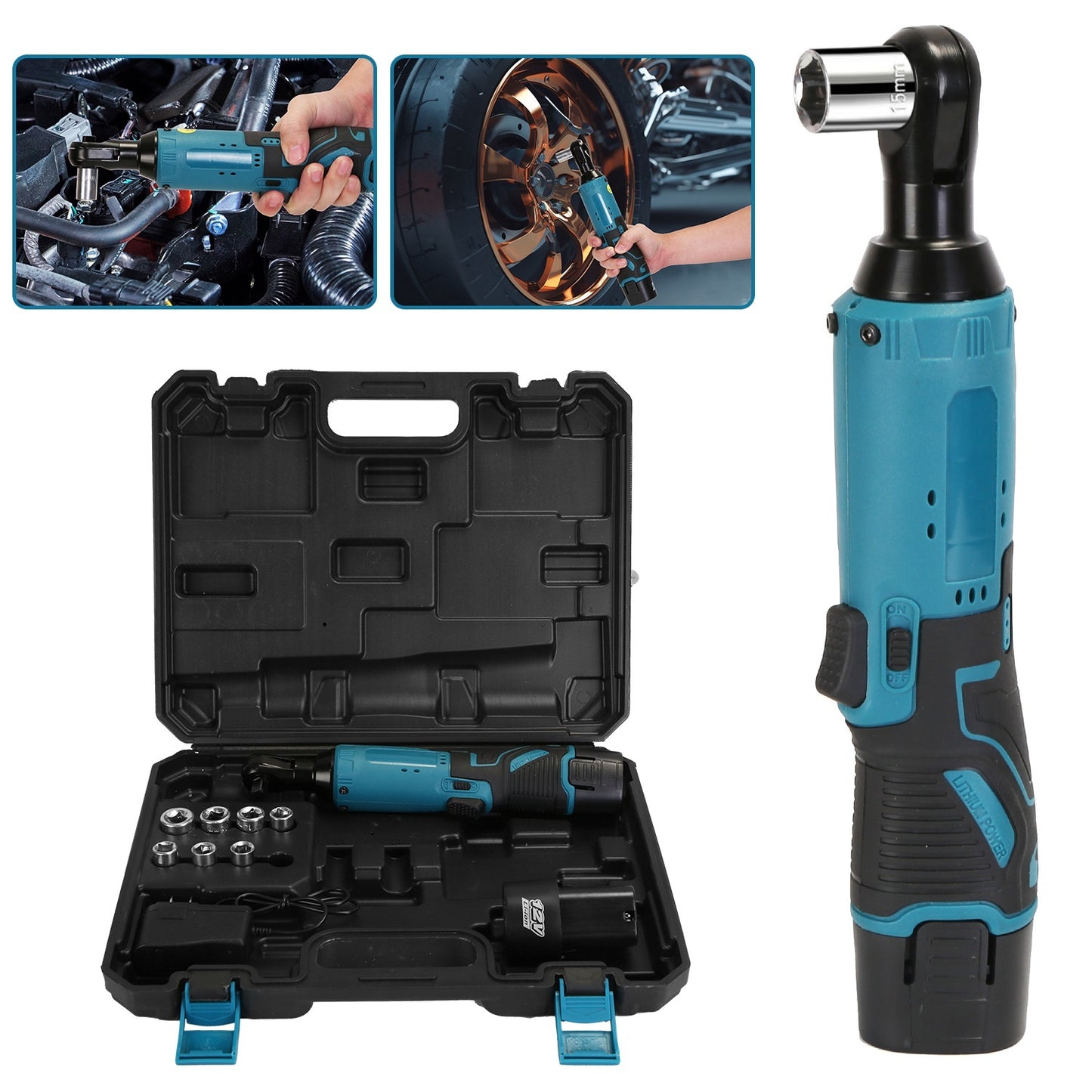 Cordless Electric Ratchet Wrench Set Right Angle Wrench With 2Pcs 1200mAh Batteries And Charger 7 Sockets 400RPM