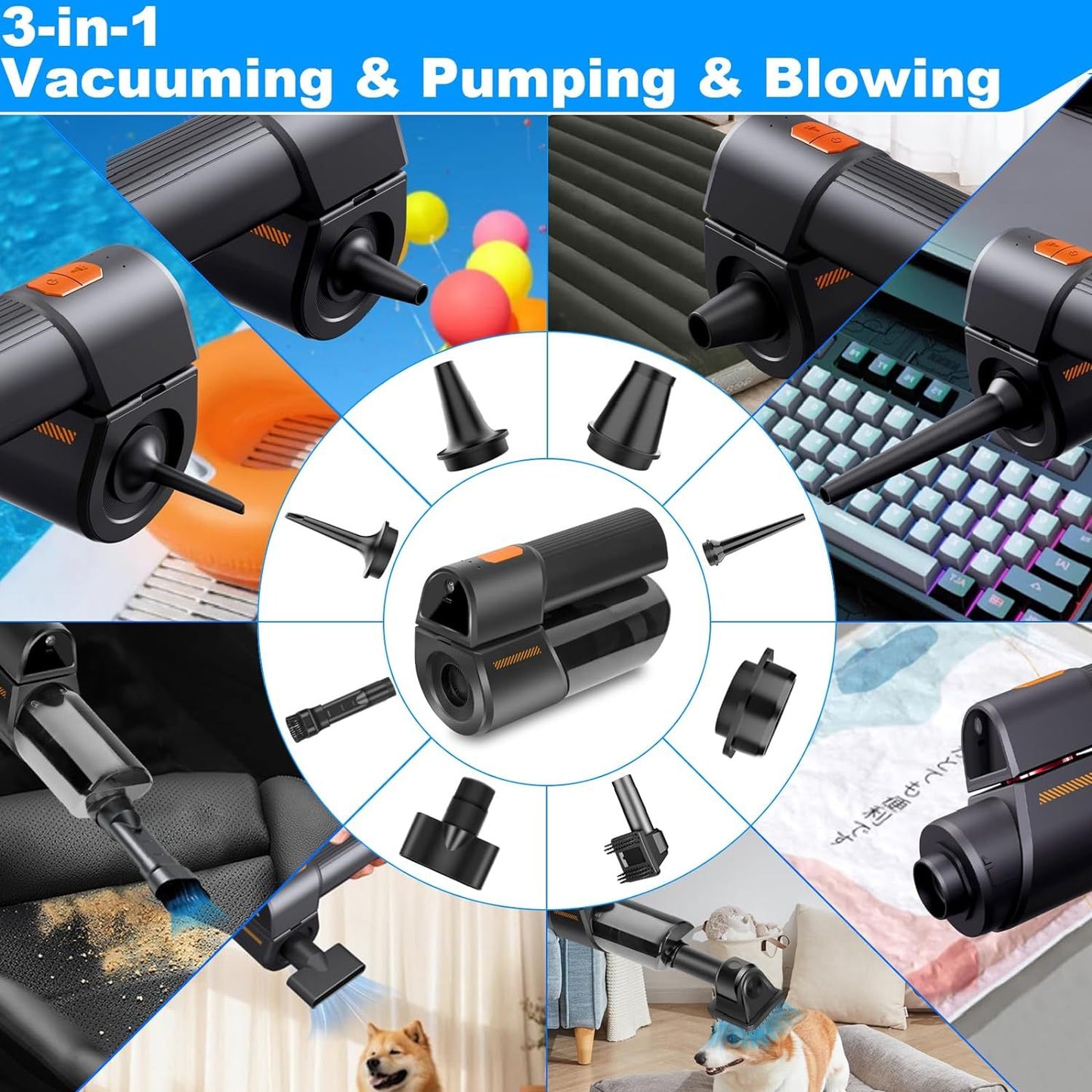 Handheld Vacuum Cordless Car Vacuum With Strong Suction Car Rechargeable 180 Foldable Inflator Portable Suction Low Noise