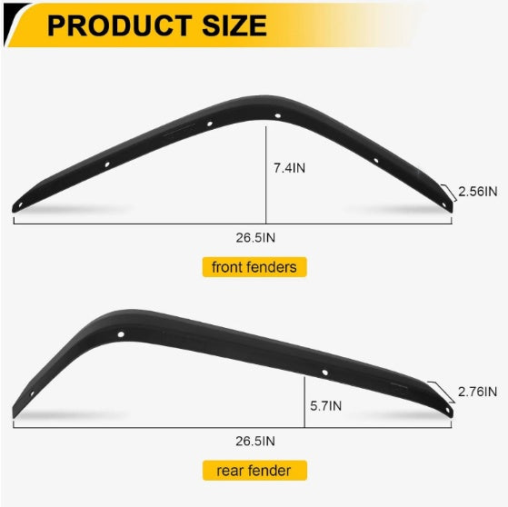 Front Rear Fender Flares Compatible With 2007-2018  Wrangler JK JKU, Off-Road Wheel Flares Liner 4 PCS