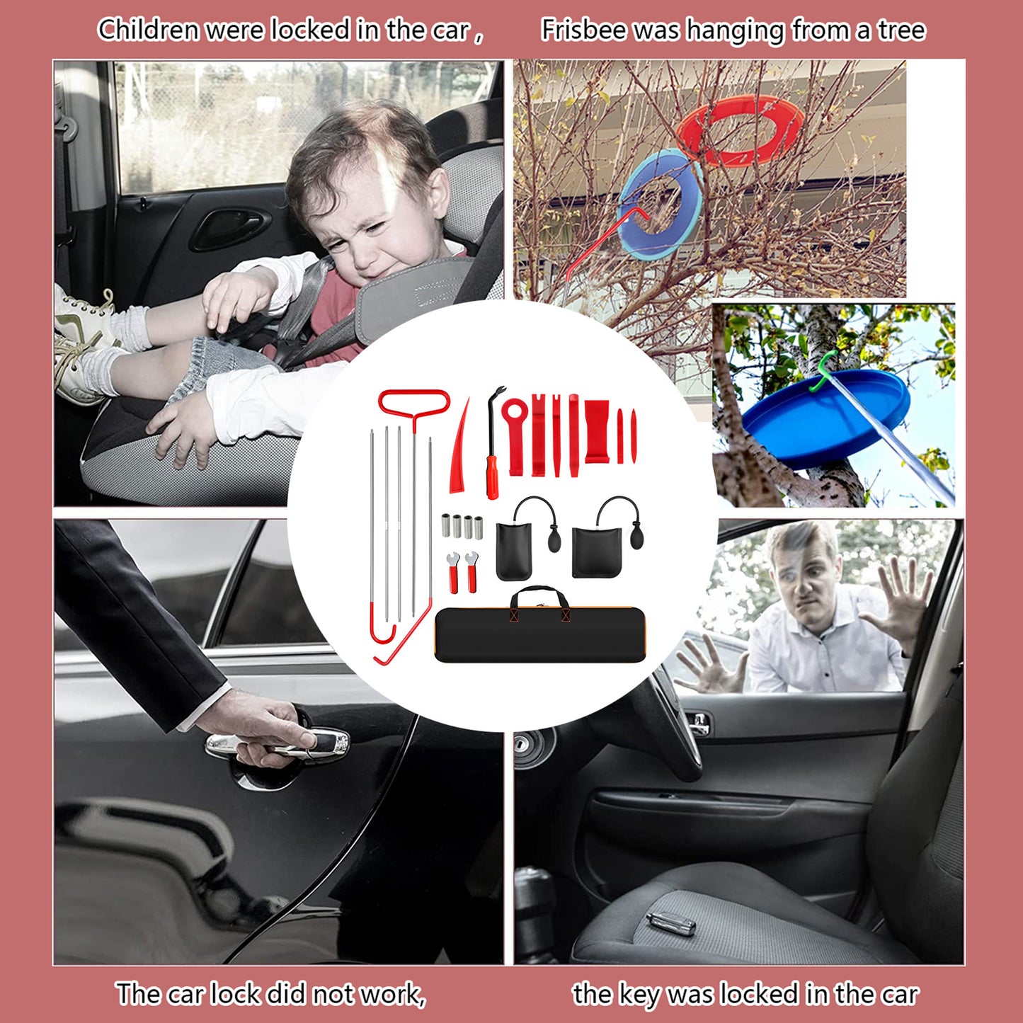 Stainless Steel Remote Hook Tool, Car Emergency Door Opening Tool Set, Oval Handle, Red Warping Piece Set, Wedge Airbag Wrench, Combination Tool