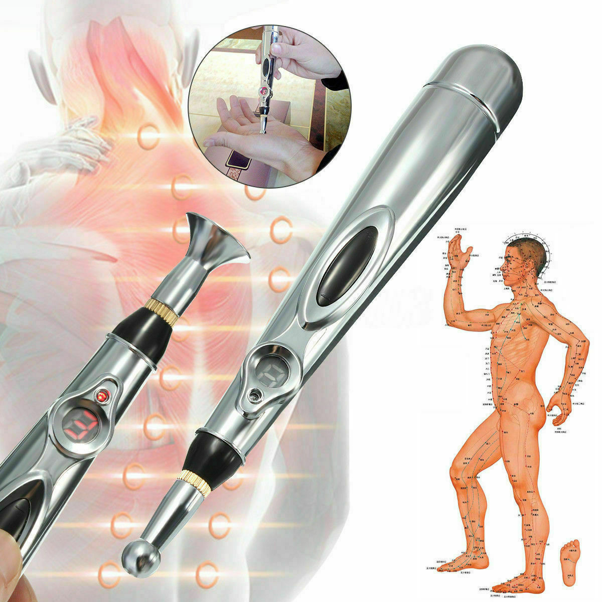 9 Gears Electronic Acupuncture Pen Pain Relif Therapy Massage Pen Women 9 Gears Body 5-in-1 Back Arm Energy Meridian Tired Electric Pen Muscle Relax Body Deep Tissue Massage Tool