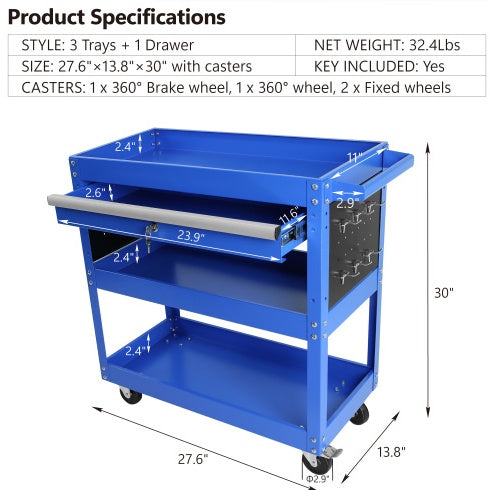 3 Tier Rolling Tool Cart, Heavy Duty Utility Cart Tool Organizer With Storage Drawer, Industrial Commercial Service Tool Cart For Mechanics, Garage, Warehouse & Repair Shop