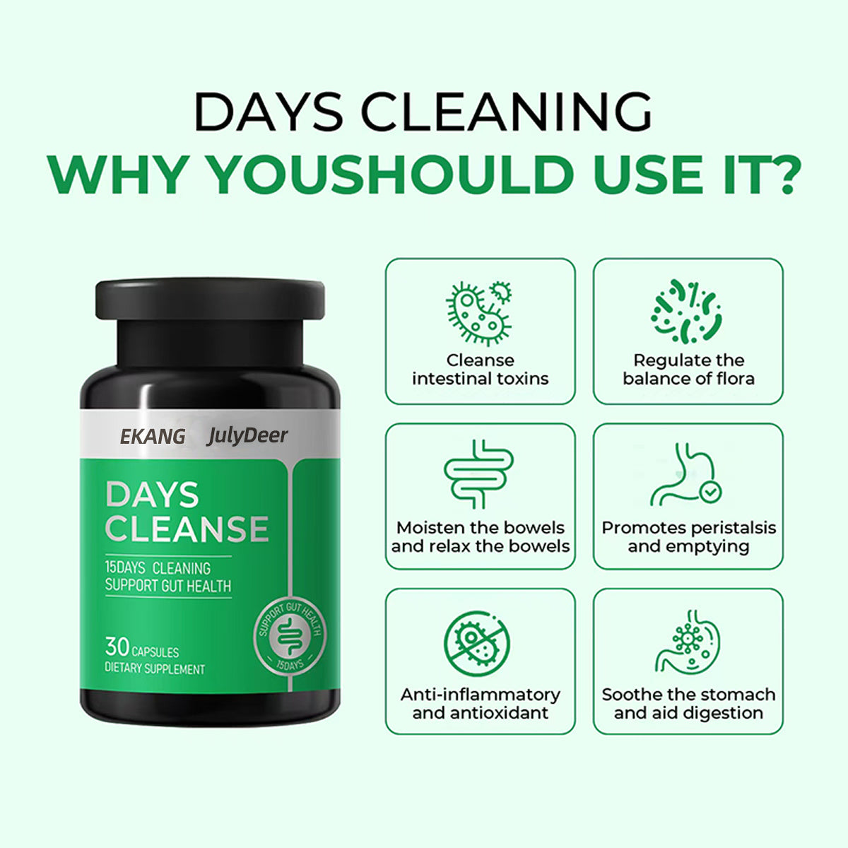 EKANG 15 Day Cleanse Supplement Effectively Detoxifies The Gut And Colon, Helping Remove Accumulated Waste And Toxins Over A 15-day Period.