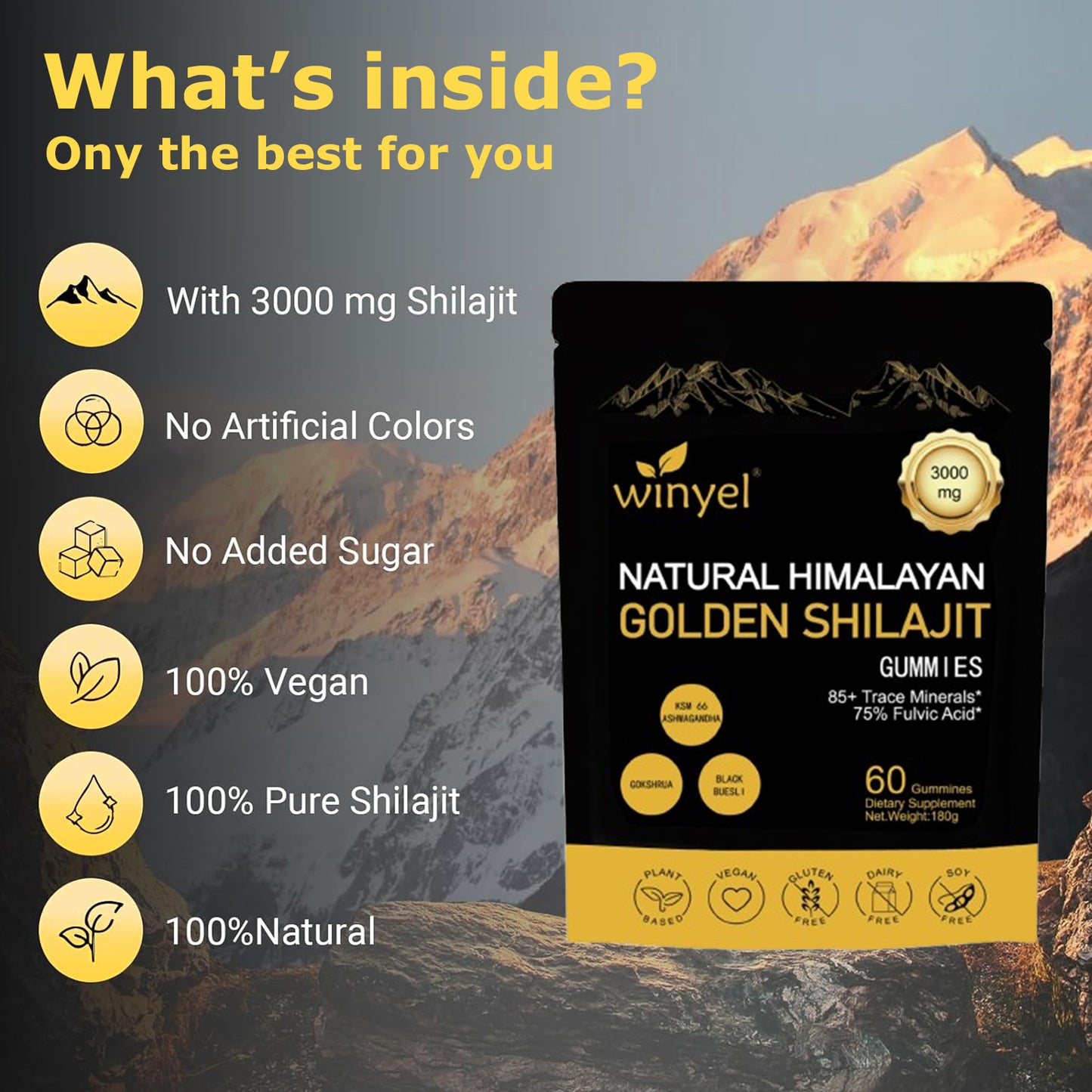 Shilajit Gummies, Himalayan Shilajit Supplements, Ashwagandha, Gokshura, 85 Trace Minerals, High Potency Gold Grade, 60 Gummies For Energy Boost, Immune Support, Non-GMO