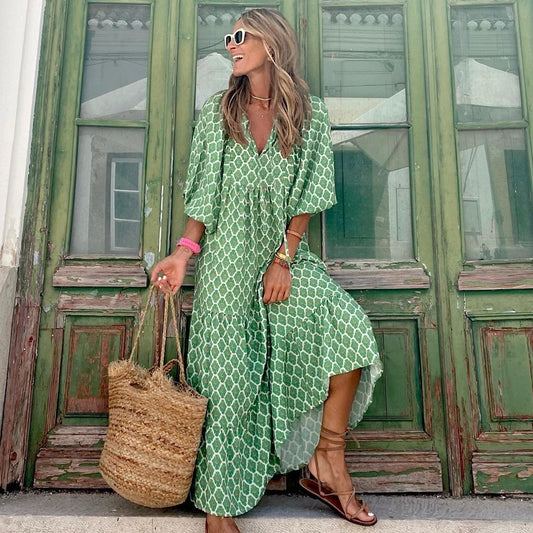 Robe d'été bohème imprimée vintage pour femmes, élégante, décontractée, ample, col en V, manches courtes, longues