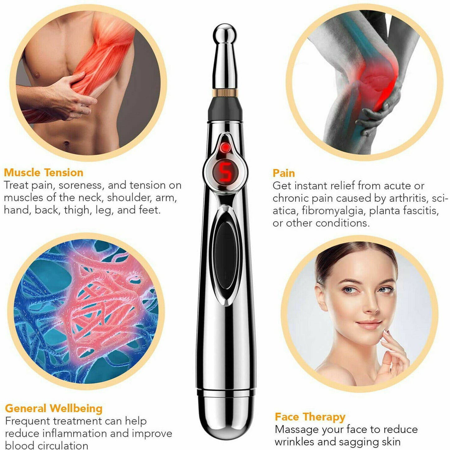 9 Gears Electronic Acupuncture Pen Pain Relif Therapy Massage Pen Women 9 Gears Body 5-in-1 Back Arm Energy Meridian Tired Electric Pen Muscle Relax Body Deep Tissue Massage Tool