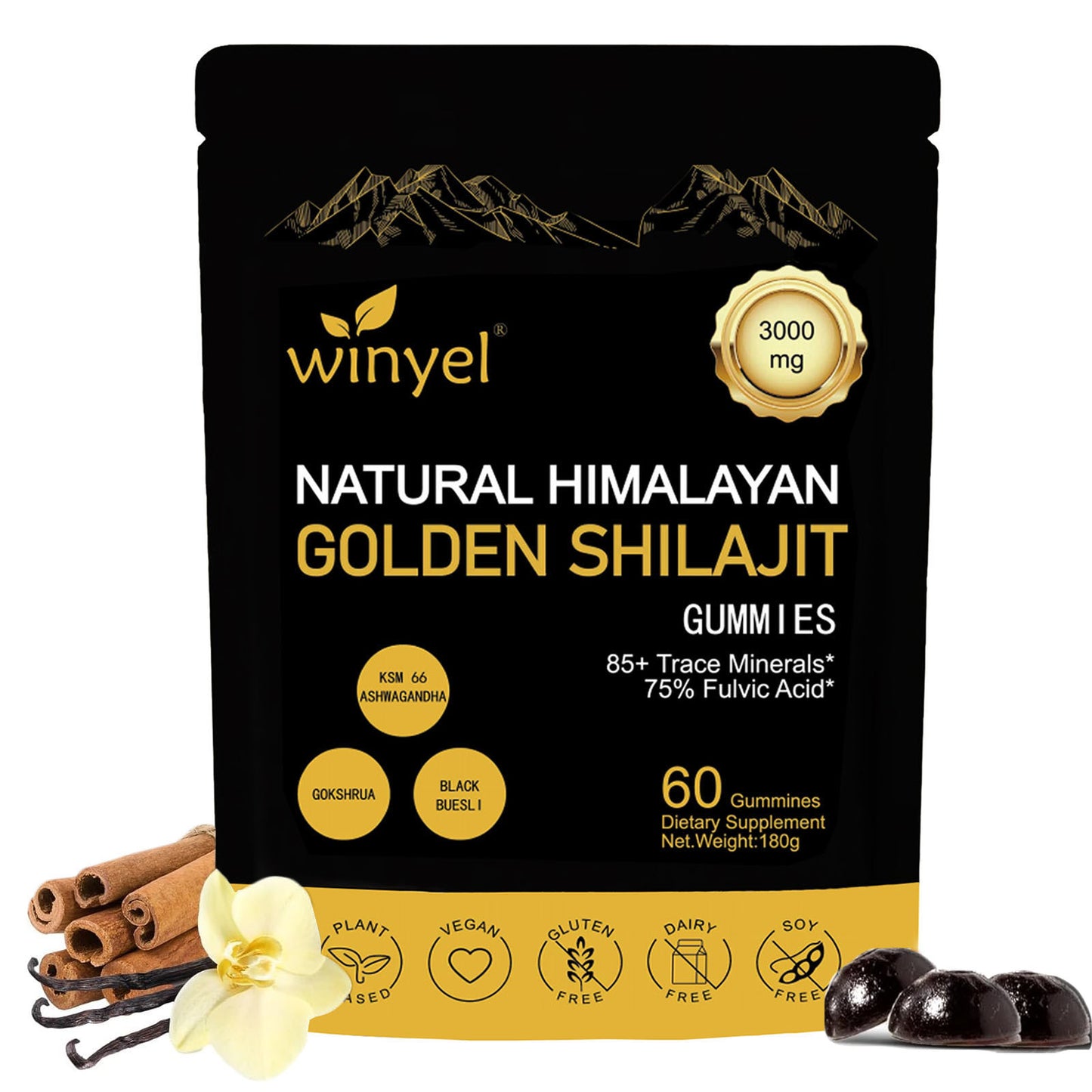 Shilajit Gummies, Himalayan Shilajit Supplements, Ashwagandha, Gokshura, 85 Trace Minerals, High Potency Gold Grade, 60 Gummies For Energy Boost, Immune Support, Non-GMO