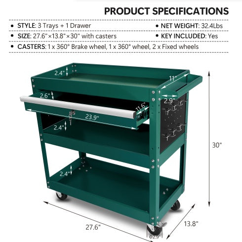 3 Tier Rolling Tool Cart, Heavy Duty Utility Cart Tool Organizer With Storage Drawer, Industrial Commercial Service Tool Cart For Mechanics, Garage, Warehouse & Repair Shop