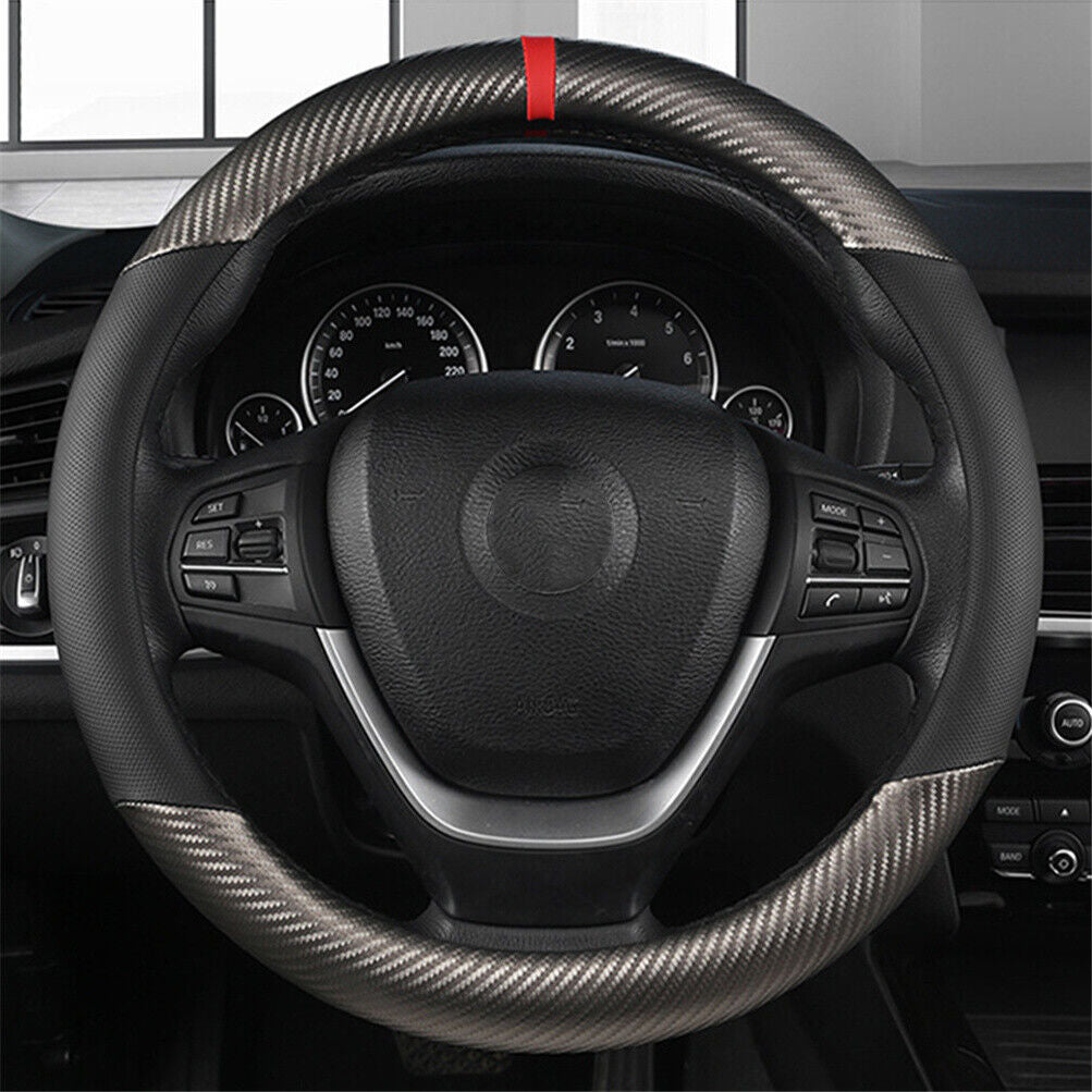 Carbon Fiber Perforated Leather Car Steering Wheel Cover 38cm Universal Interior