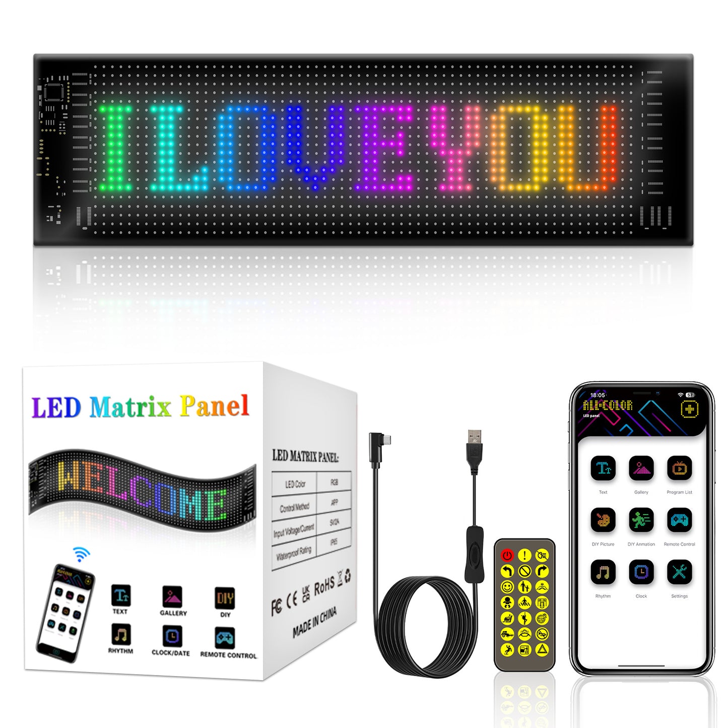 Programmable LED Signage, Flexible USB 5V Digital Signage Upgrade Version 20x64 LED Beads, APP Controlled Scrolling LED Display Screen With Pre Made Animation, Used For DIY Graffiti In Stores, Cars, B