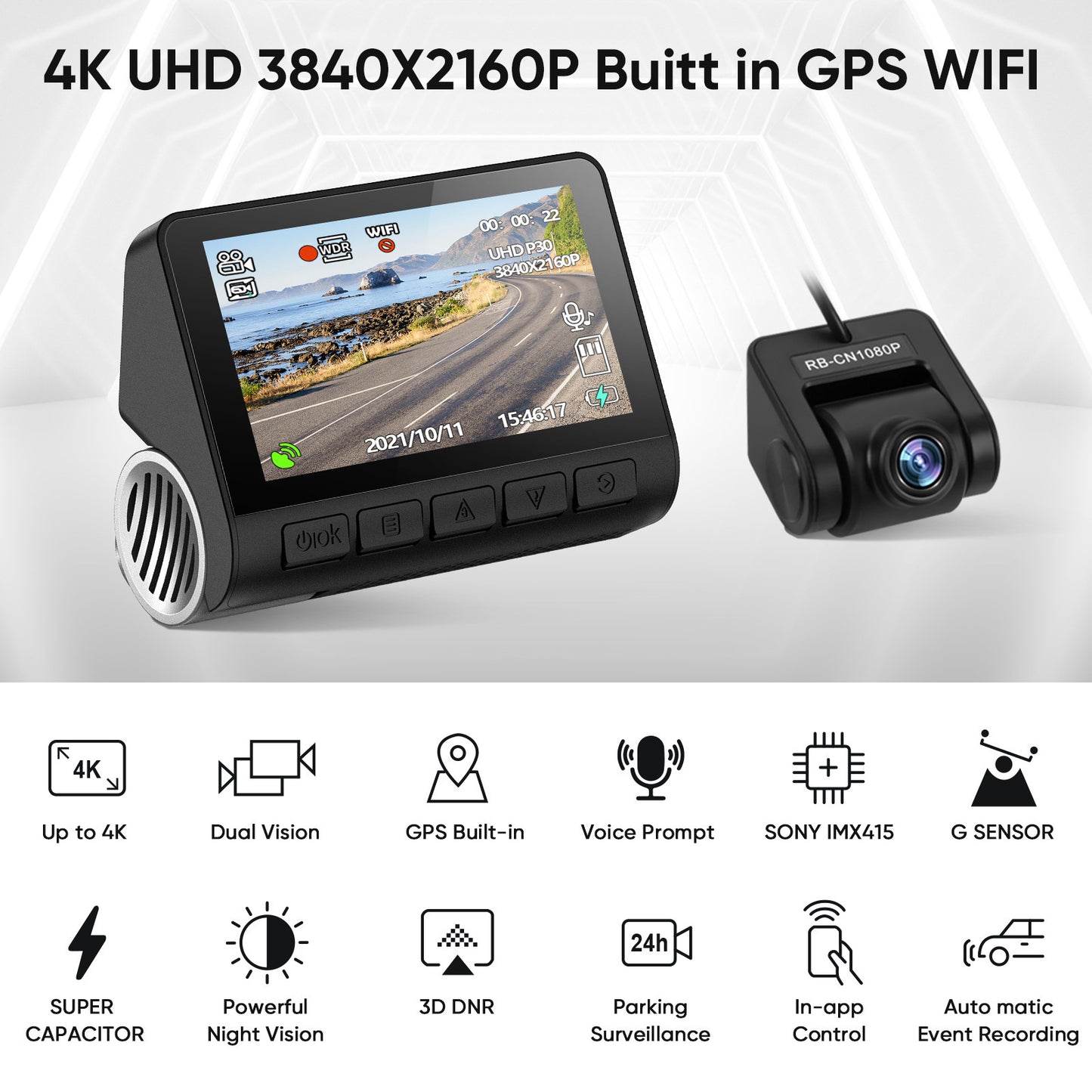 Caméra de voiture à vision nocturne V55 4K UHD