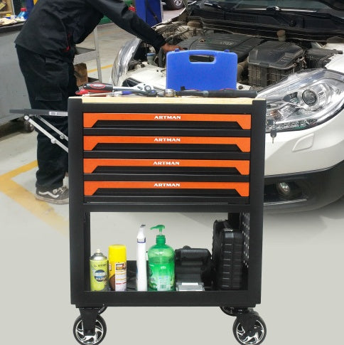 4 DRAWERS MULTIFUNCTIONAL TOOL CART WITH WHEELS AND WOODEN TOP-ORANGE