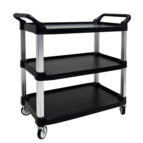Plastic Commercial Cart Large Size, Restaurant Cart With Wheels Lockable, Heavy Duty Utility Service Cart For Foodservice, Commercial,Office, Warehouse, Black, 40.1x20.0x38.1 Inches.