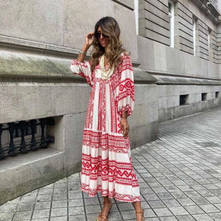 Robe d'été bohème imprimée vintage pour femmes, élégante, décontractée, ample, col en V, manches courtes, longues