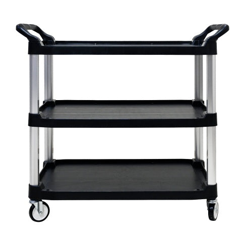 Plastic Commercial Cart Large Size, Restaurant Cart With Wheels Lockable, Heavy Duty Utility Service Cart For Foodservice, Commercial,Office, Warehouse, Black, 40.1x20.0x38.1 Inches.