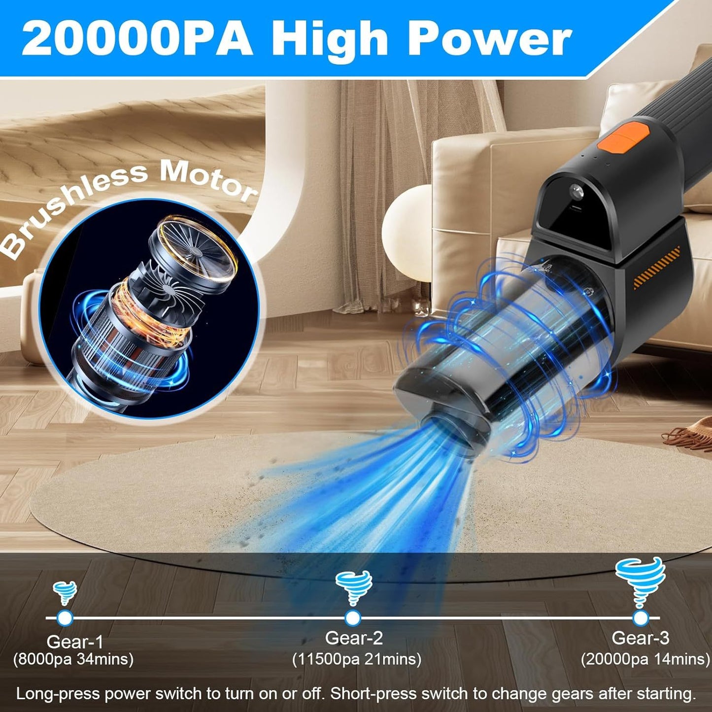 Handheld Vacuum Cordless Car Vacuum With Strong Suction Car Rechargeable 180 Foldable Inflator Portable Suction Low Noise