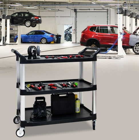 Plastic Commercial Cart Large Size, Restaurant Cart With Wheels Lockable, Heavy Duty Utility Service Cart For Foodservice, Commercial,Office, Warehouse, Black, 40.1x20.0x38.1 Inches.