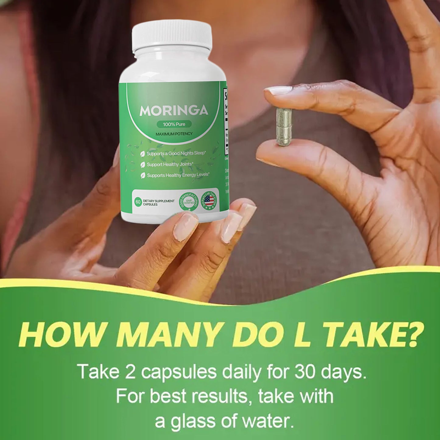 Moringa Capsules, Pura Moringa Leaf Energy, Metabolism & Immune Support, Healthcare Supplement & Vitamins 60pcs Dietary Supplement Capsules