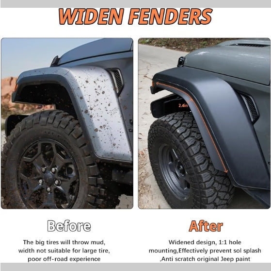 Front  Rear Fenders Compatible With 2020-2024 Wrangler Gladiator JT Mojave  Rubicon, Off-Road Wheel Fender Liner Set 4 Pcs