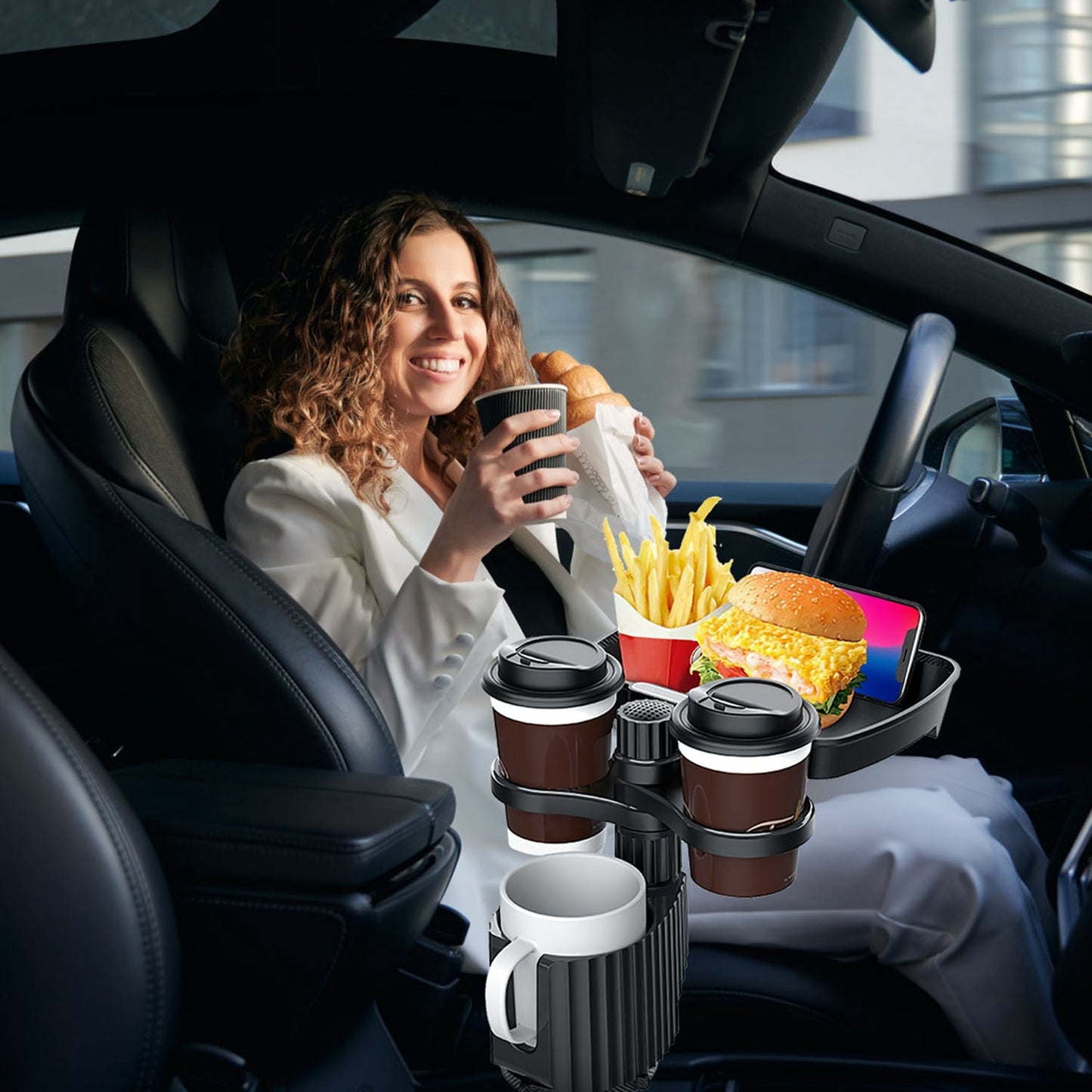 4-in-1 Car Cup Holder Tray FoodTable Phone Hold Car ExpanderDetachable 360 Degree Rotatable Expandable Base Car Desk