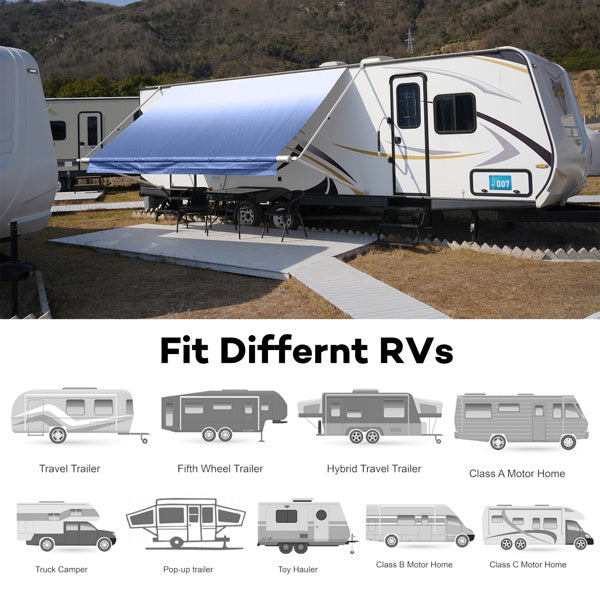 16 Foot Navy Blue And White Gradient Canopy, PVC RV Sunshade Canopy Fabric