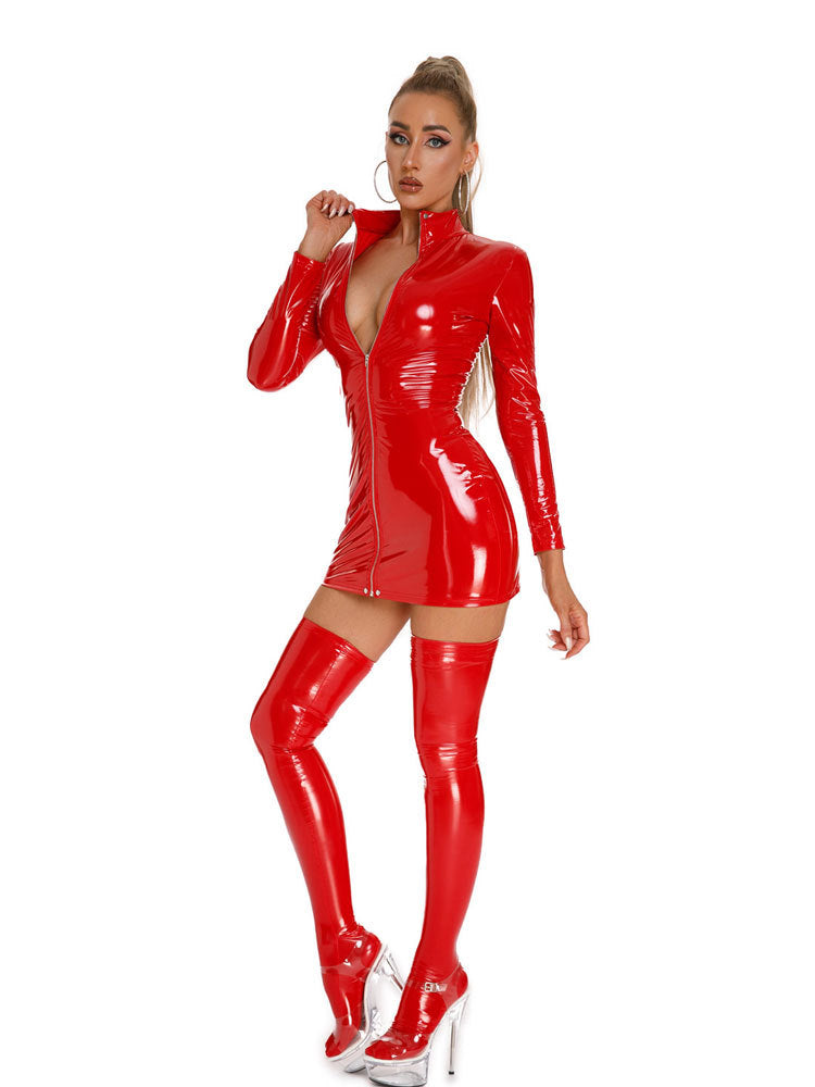 Glossy Patent Leather Club Zipper Short Sleeve Tights